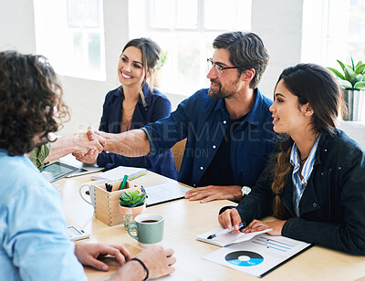 Buy stock photo Business people shaking hands in office meeting after successful partnership deal for startup company