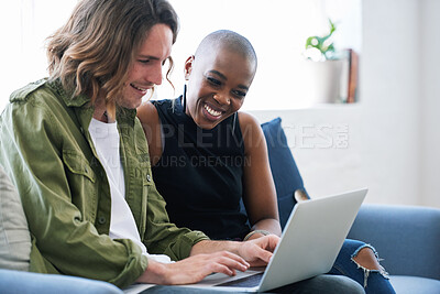 Buy stock photo Friends using laptop computer at home browsing internet watching online entertainment