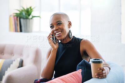 Buy stock photo Beautiful african american woman using smartphone having phone call smiling enjoying conversation