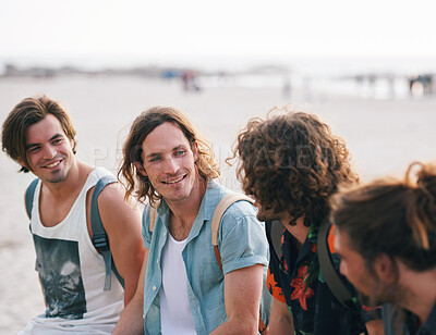 Buy stock photo group of male friends on beach enjoying summer holiday students having fun on vacation attractive guys hanging out on beachfront at sunset