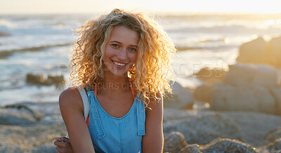 Buy stock photo portrait attractive blonde woman on beach at sunset smiling enjoying summer travel lifestyle on vacation