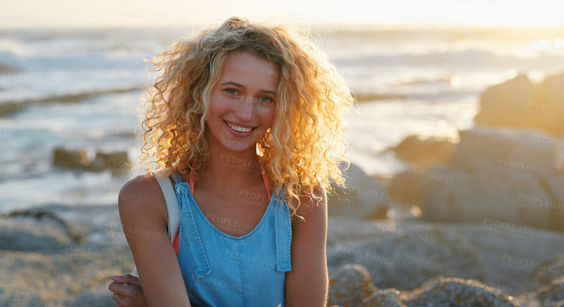 Buy stock photo portrait attractive blonde woman on beach at sunset smiling enjoying summer travel lifestyle on vacation