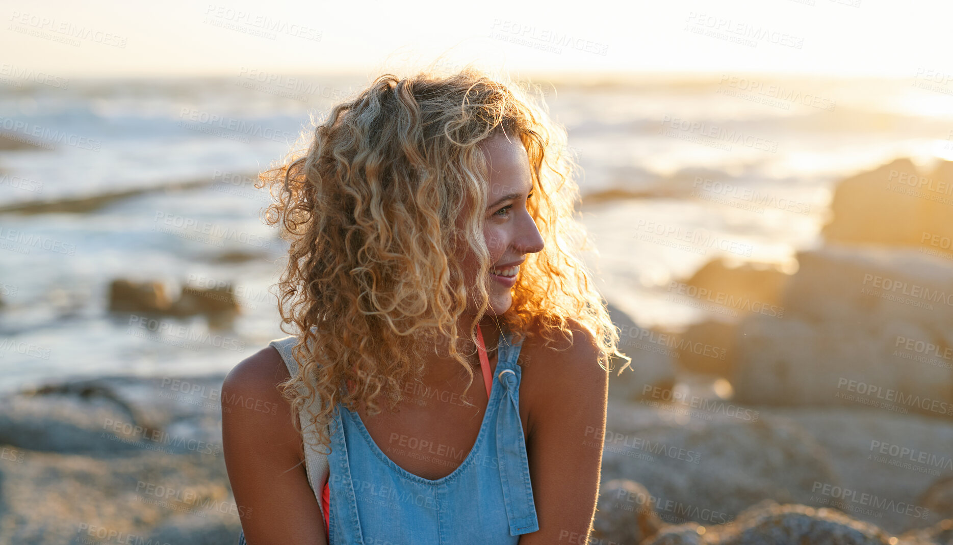 Buy stock photo portrait attractive blonde woman on beach at sunset smiling enjoying summer travel lifestyle on vacation