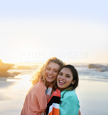 Buy stock photo best friends hugging on beach at sunset two beautiful women smiling happy enjoying friendship
