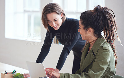 Buy stock photo Two business women students using laptop computer team leader woman helping colleague with project sharing ideas