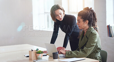 Buy stock photo Two business women students using laptop computer team leader woman helping colleague with project sharing ideas