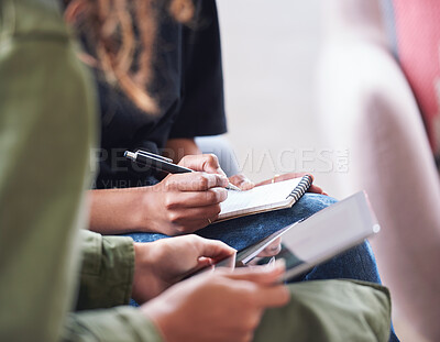 Buy stock photo African american woman writing notes with friend showing ideas on digital tablet computer students brainstorming