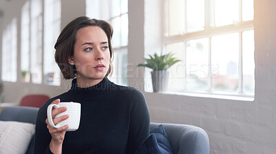 Buy stock photo Beautiful woman looking out window holding cup of coffee
