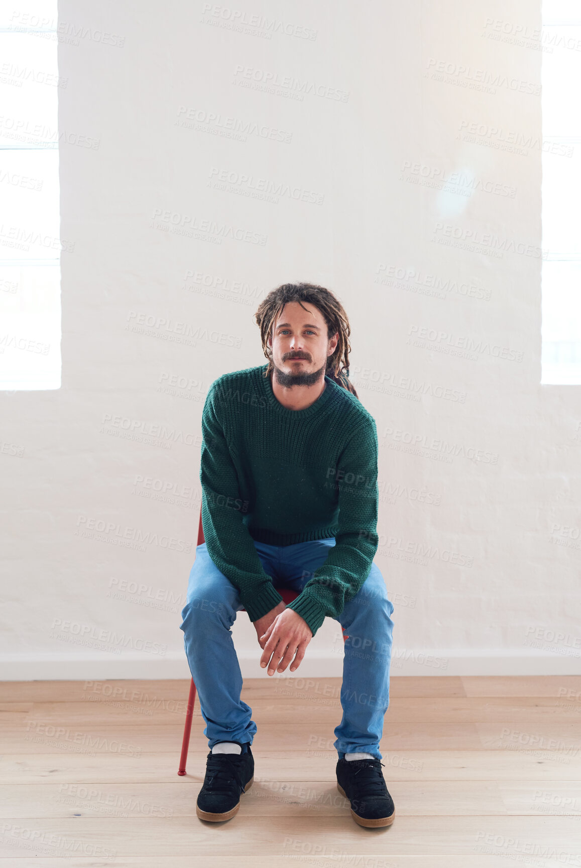 Buy stock photo Vision, goal and change by man sitting on a chair in a waiting room, aa meeting or rehab consultation. Health, wellness and sober living by cool looking guy with a positive and strong mindset