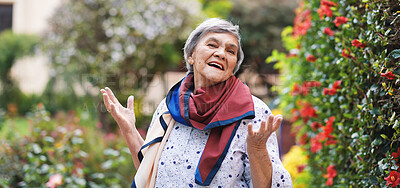 Buy stock photo Happy, senior woman and garden portrait or park with smile from walk, spring and nature. Elderly female person, flower and outdoor of retirement home or on vacation with travel in London with freedom