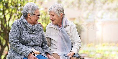 Buy stock photo Outdoor, friends and bench with senior women, love and bonding together with retirement, park and cheerful. Old ladies, outside and mature people with conversation, group and joy with weekend break
