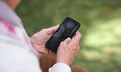 Buy stock photo Person, hands and smartphone for communication, phone screen and online conversation in garden. Cellphone, social media and mobile application or website, internet connection and research on mockup