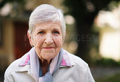 Buy stock photo Elderly woman, portrait and happy outdoor or retirement relax, home comfort or rest wellness. Senior person, face and garden carefree or confidence in pensioner age for mature health, joy or wrinkles