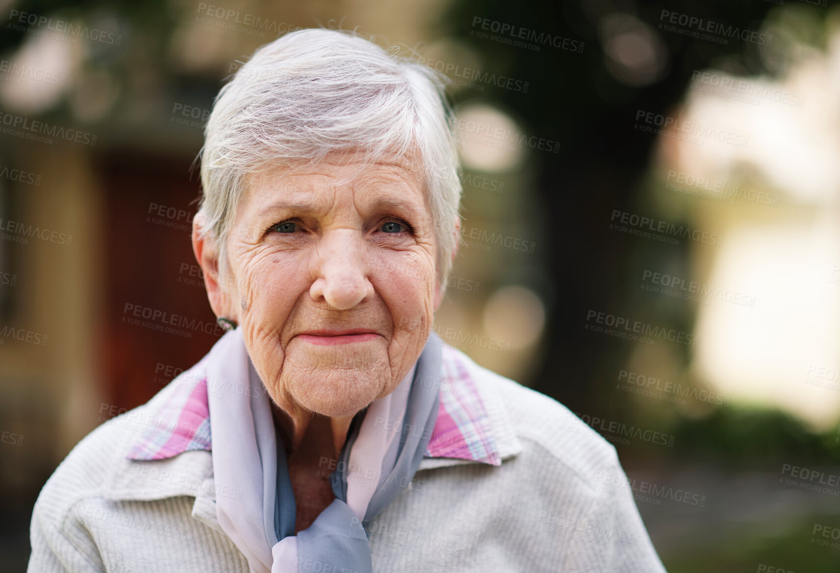 Buy stock photo Elderly woman, portrait and happy outdoor or retirement relax, home comfort or rest wellness. Senior person, face and garden carefree or confidence in pensioner age for mature health, joy or wrinkles