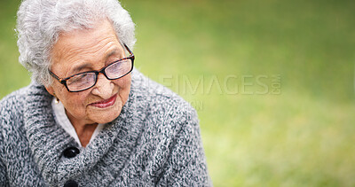 Buy stock photo Senior, woman and face with thinking outdoor for memory, remember or mental health in garden of home. Elderly, person or thoughtful and smile for retirement, peaceful or relax in park or mockup space