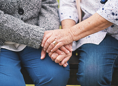 Buy stock photo Old people, hand holding and friends for love from sad grief or loss discussion, hope chat or trust. Retired person, fingers and closeup for connection in park for solidarity help, compassion or care