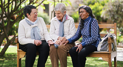 Buy stock photo Outdoor, group and bench with senior women, love and bonding together with retirement, park and cheerful. Old ladies, outside and mature people with humor, friends and laughing with weekend break