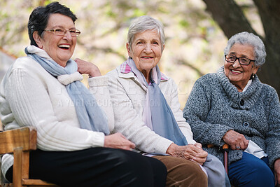 Buy stock photo Outdoor, portrait and bench with senior women, love and bonding together with retirement, park and cheerful. Old ladies, outside and mature people with friends, group and joyful with weekend break