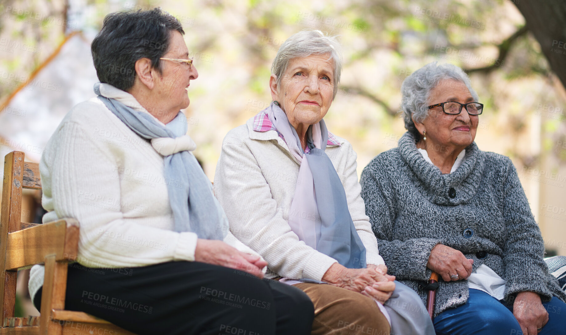 Buy stock photo Outdoor, friends and bench with senior woman, love and bonding together with retirement, park and thinking. Old ladies, outside and mature people with experience, group and joy with weekend break