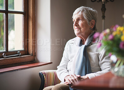 Buy stock photo Window, thinking and senior woman in retirement home, reflection and remembering past life. Elderly person, relax and contemplating future or memory, nostalgia and wellness in apartment or dreaming