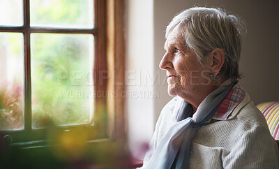Buy stock photo Window, thinking and senior woman in nursing home, reflection and remembering past life. Elderly person, hope and contemplating future or memory, nostalgia and wellness in retirement or dreaming