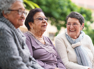 Buy stock photo Outdoor, friends and bench with old women, conversation and bonding together with retirement, park and cheerful. Ladies, outside and elderly people with humor, senior group and weekend break with joy