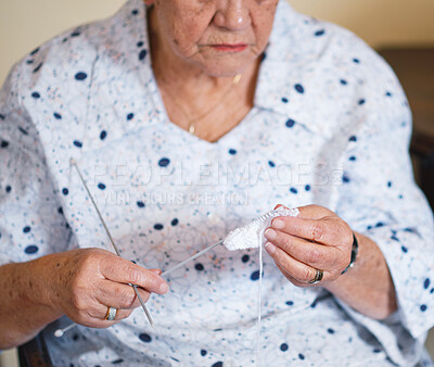 Buy stock photo Knitting, senior woman and hands in a retirement home with wool, fabric and crochet for scarf. Elderly female person, creativity and hobby with needle with relax and calm from cotton creation