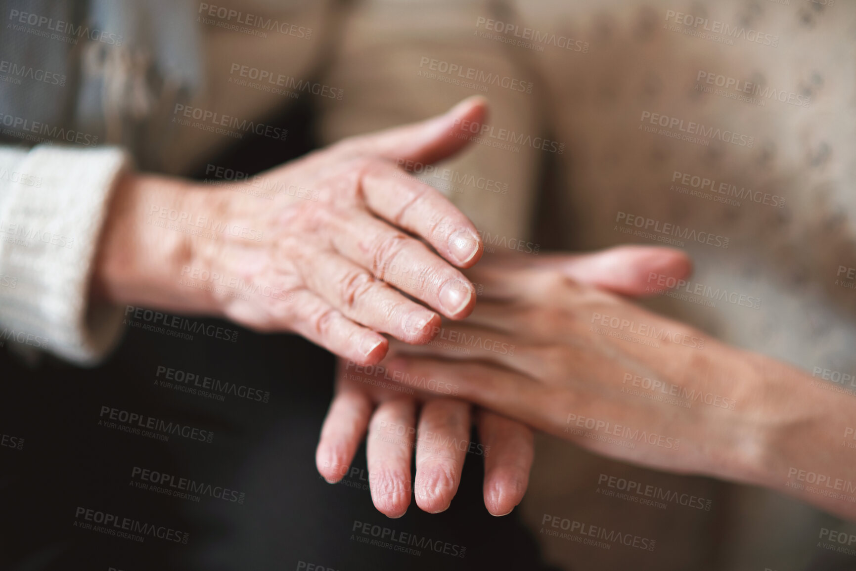 Buy stock photo Old person, woman and holding hands for sad support for grief loss, friendship love or empathy. Senior people, closeup and finger embrace for retirement pain or wellbeing, healing or connection help