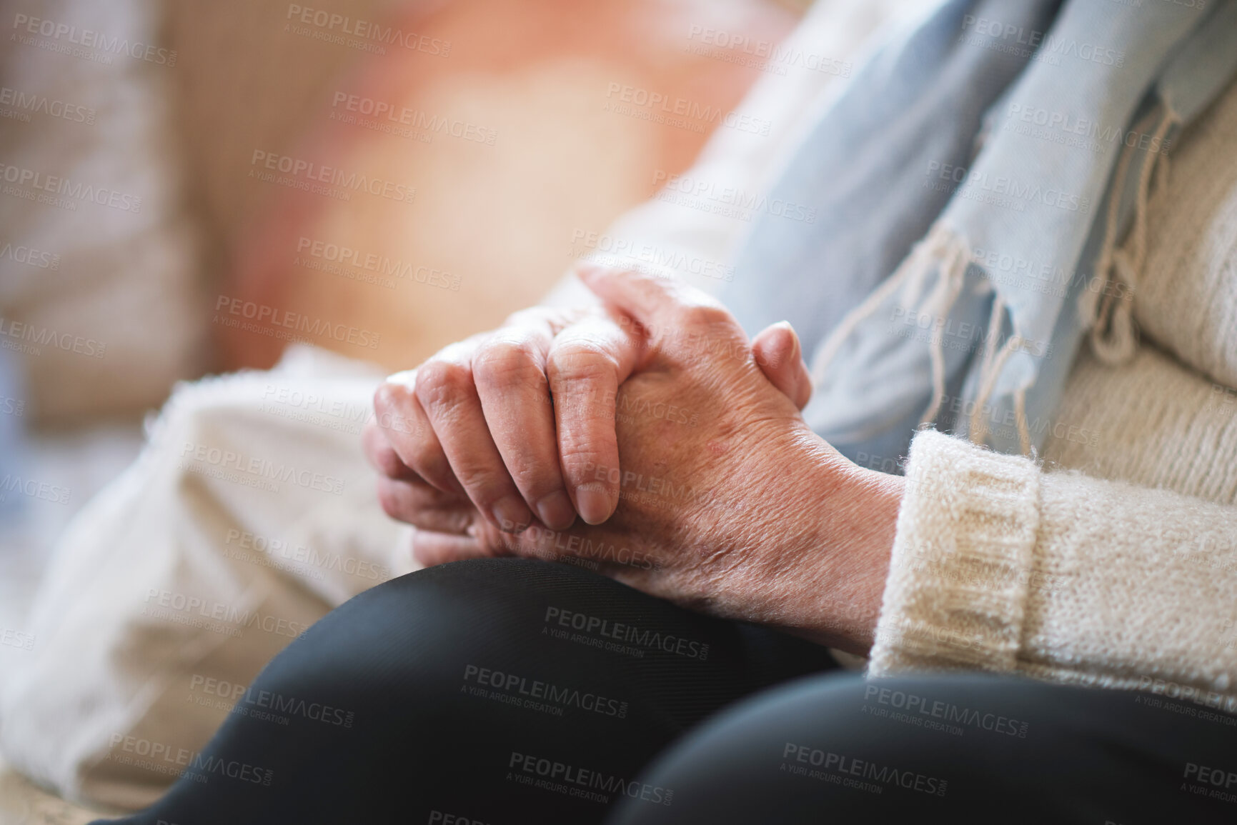 Buy stock photo Old person, hands and sofa thinking for sad grief in home for retirement loss, lonely or pension. Senior, fingers and clasping for stress or anxiety on couch for nervous problem, unhappy or mistake