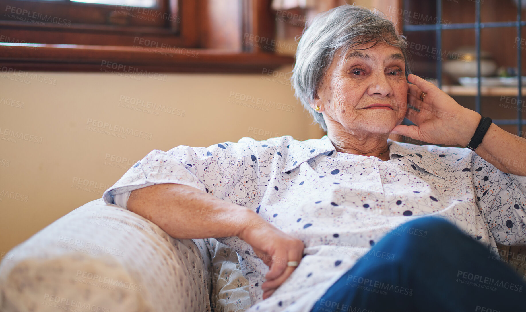 Buy stock photo Senior, woman and portrait or happy on sofa with relax, peace and freedom in retirement or living room. Elderly, person or face or smile on couch in lounge of home with confidence, pride or good mood