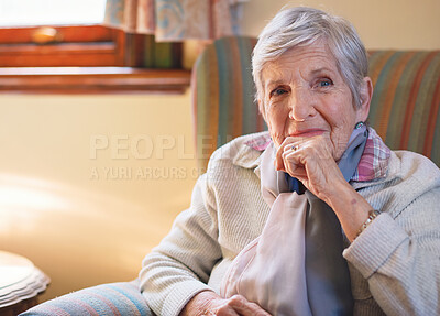 Buy stock photo Smile, happy and portrait of senior woman sitting on sofa in the living room of retirement home. Pride, confident and headshot of elderly female person from Canada with positive attitude at house.
