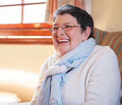Buy stock photo Senior, woman and face or happy on sofa with relax, peace and freedom in retirement or living room. Elderly, person and smile on couch in lounge of home with confidence, pride and good mood or joyful
