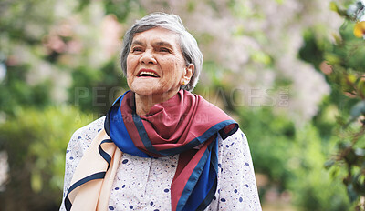 Buy stock photo Happy, senior woman and garden or park with smile from walk, spring and nature. Elderly female person, calm and outdoor of retirement home or on vacation with travel in London with joy and confidence
