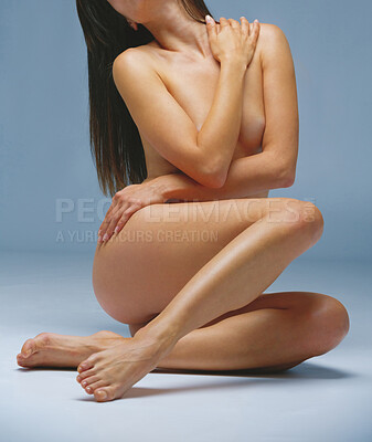 Buy stock photo Studio shot of a beautiful naked woman doing yoga