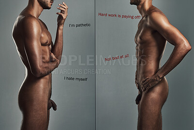 Buy stock photo Studio shot of a handsome and naked young man dealing with body image issues against a grey background