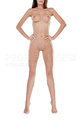 Buy stock photo Studio portrait of a sexy young woman standing nude against a white background