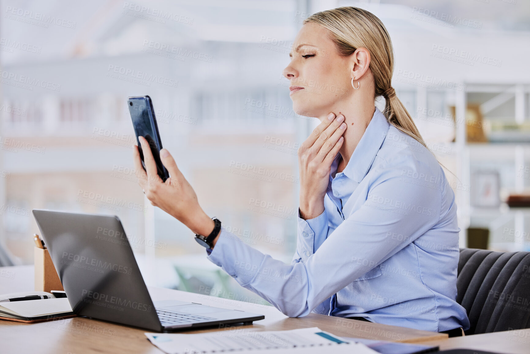 Buy stock photo Business woman phone, throat pain and sick employee in a office on a video call with online doctor. Worker, female person and virus problem at a company with mobile consultation checking neck