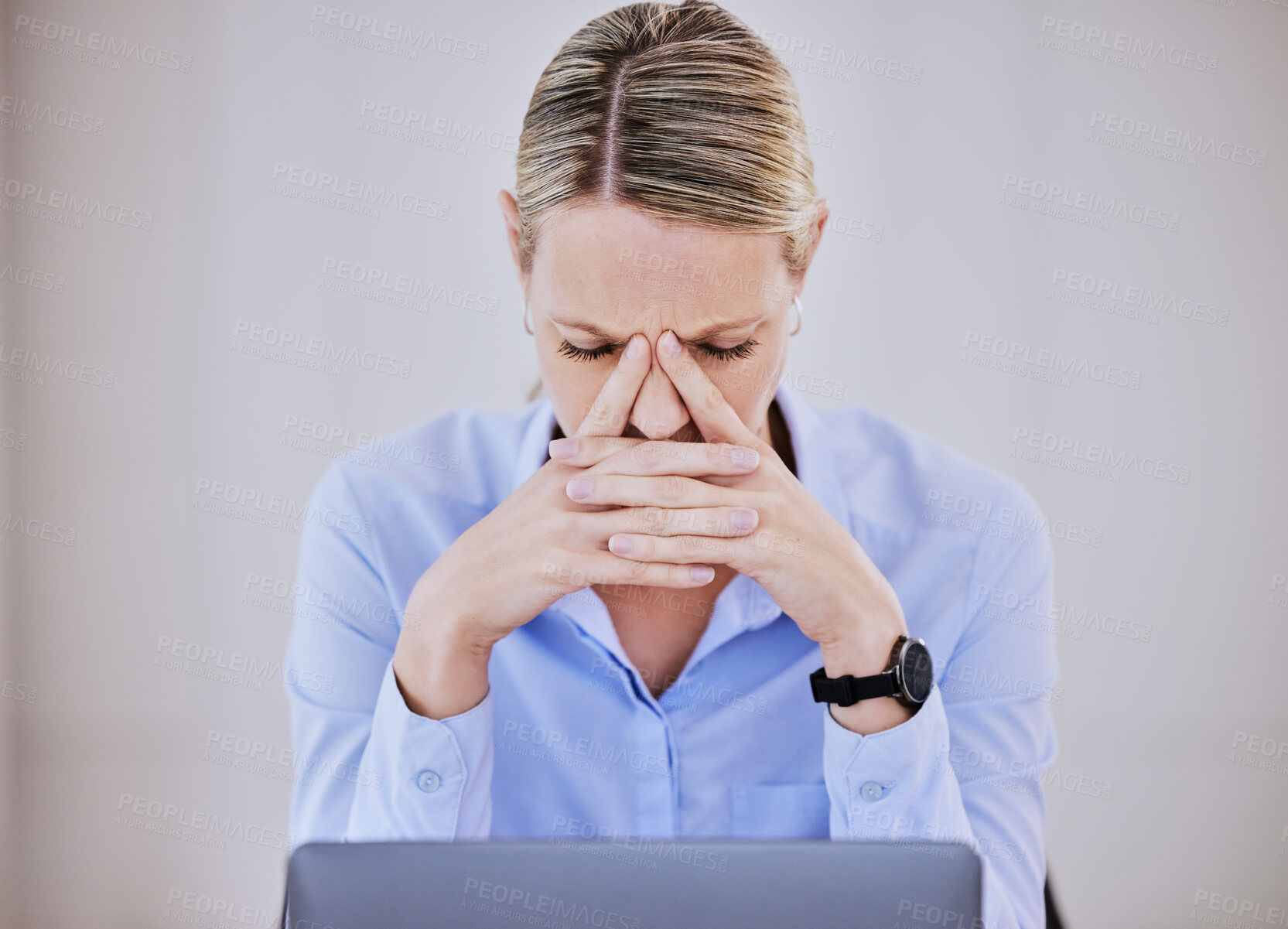 Buy stock photo Business woman, headache and computer fail at a company with fatigue and stress from 404 error. Audit problem, female employee and pain from tech work and debt report in a office with pc mistake