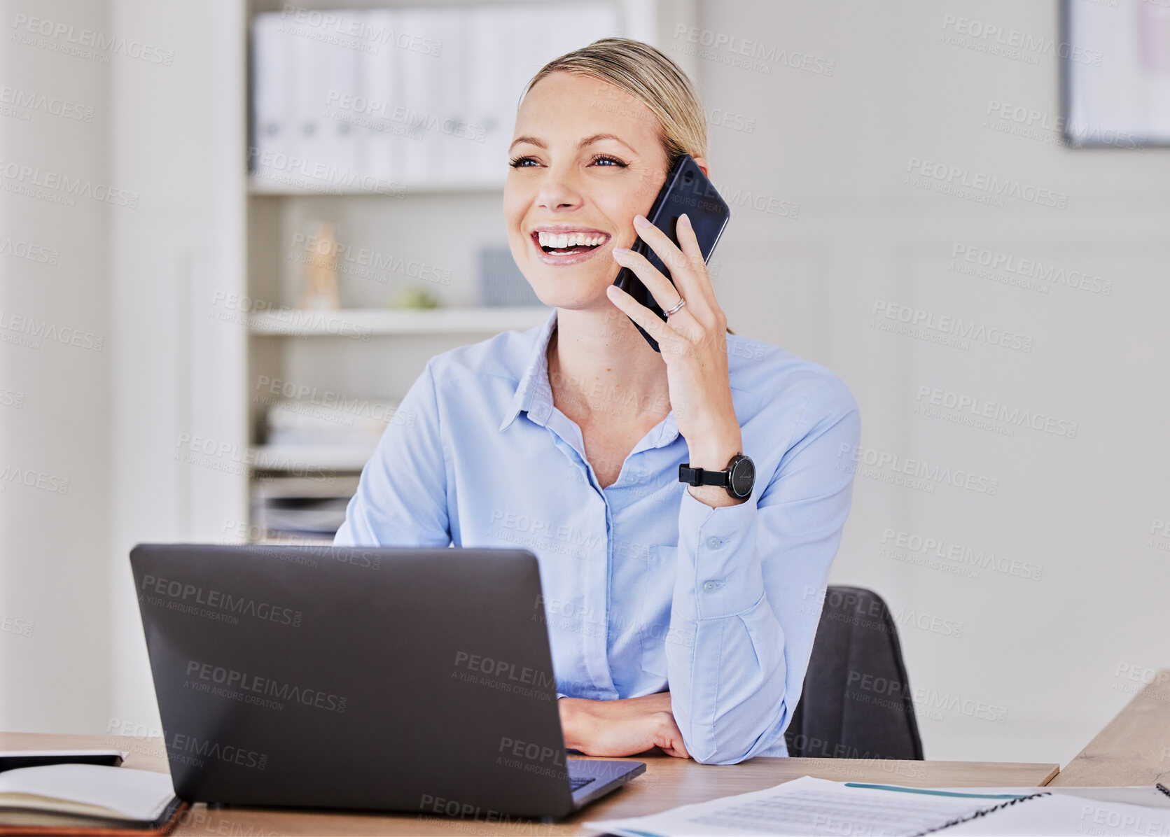 Buy stock photo Happy business woman, phone call and office at desk with motivation, sales and smile in finance agency. Financial expert, networking and happy for contact, client or lead for loan offer at startup