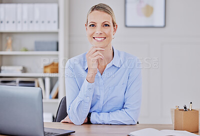 Buy stock photo Young caucasian business woman, portrait and smile at desk with motivation, entrepreneurship and finance agency. Accounting expert, modern office and happy for career vision at financial startup