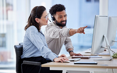 Buy stock photo Telemarketing, manager help an agent and call center with advice, conversation and corporate training. Man, woman or staff in a workplace, computer, tech support or customer service with in an office
