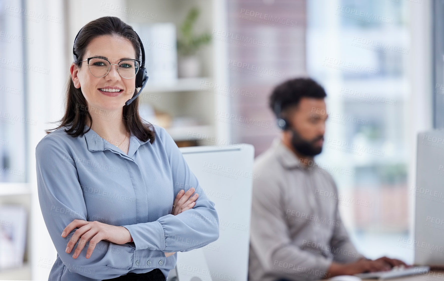 Buy stock photo Call center, customer support and portrait of woman with crossed arms in office for CRM help. Professional, telemarketing and happy female worker with headset for contact, support and consulting