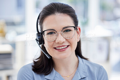 Buy stock photo Consultant, portrait of woman call center agent and with headset at her workplace office with smile. Customer service or telemarketing, support or online communication and female person for crm