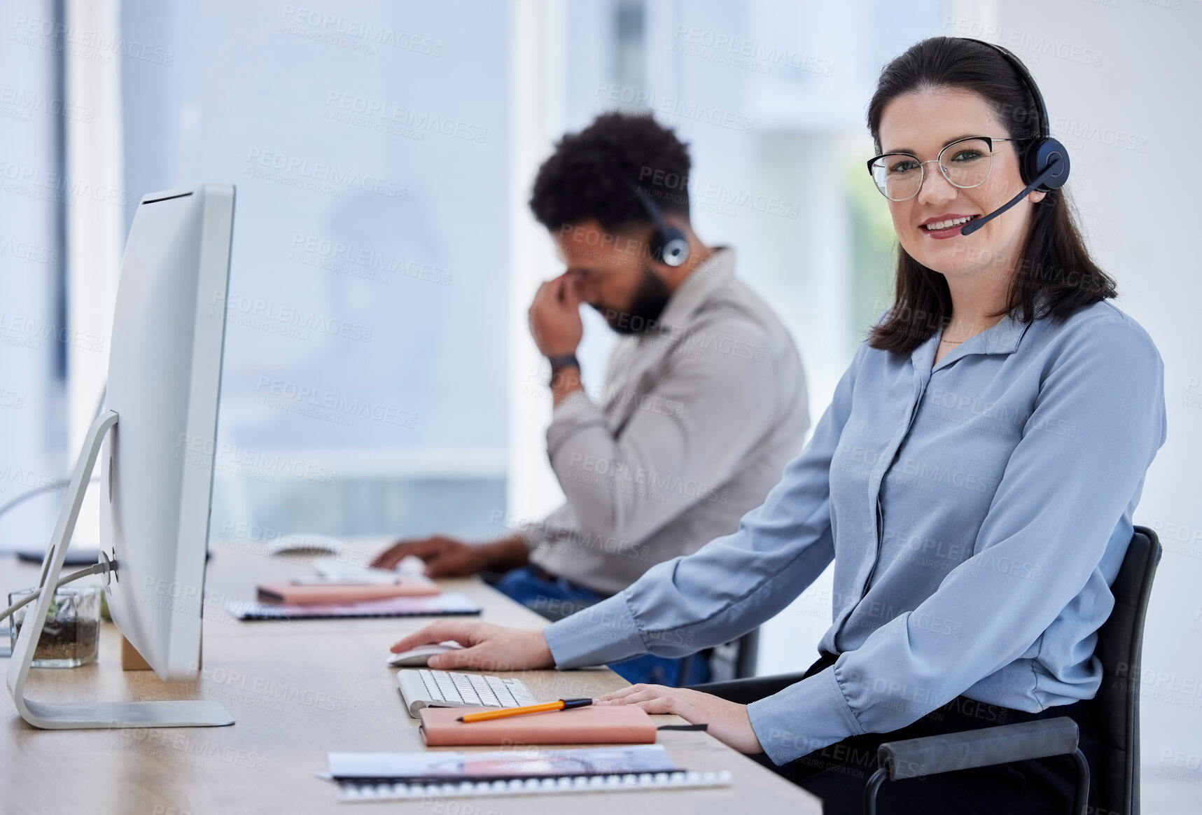 Buy stock photo Call center, customer support and portrait of woman in office for hotline, advice and online help. Computer, telemarketing and happy female worker with headset for contact, crm support and consulting