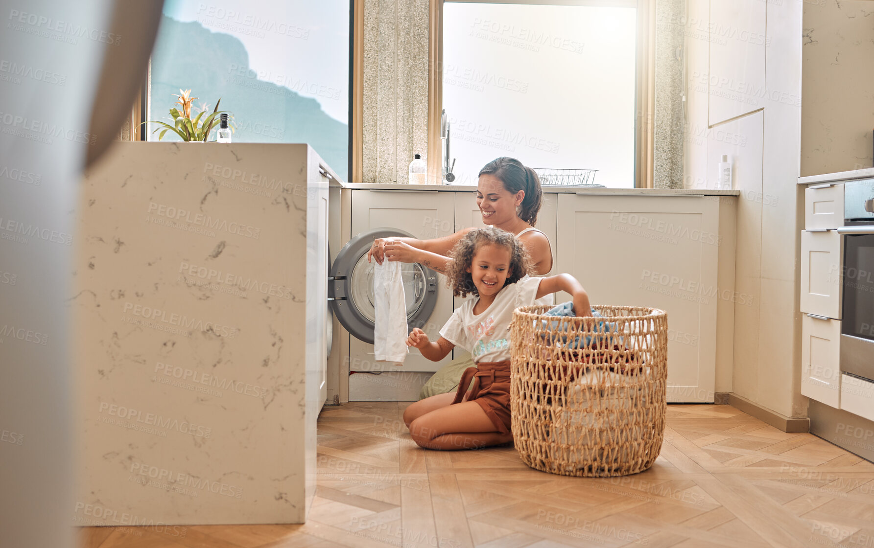 Buy stock photo Cleaning, teamwork and washing machine with mother and daughter for helping, learning and cleaner. Housekeeping, laundry and basket with woman and young girl in family home for teaching and clothes