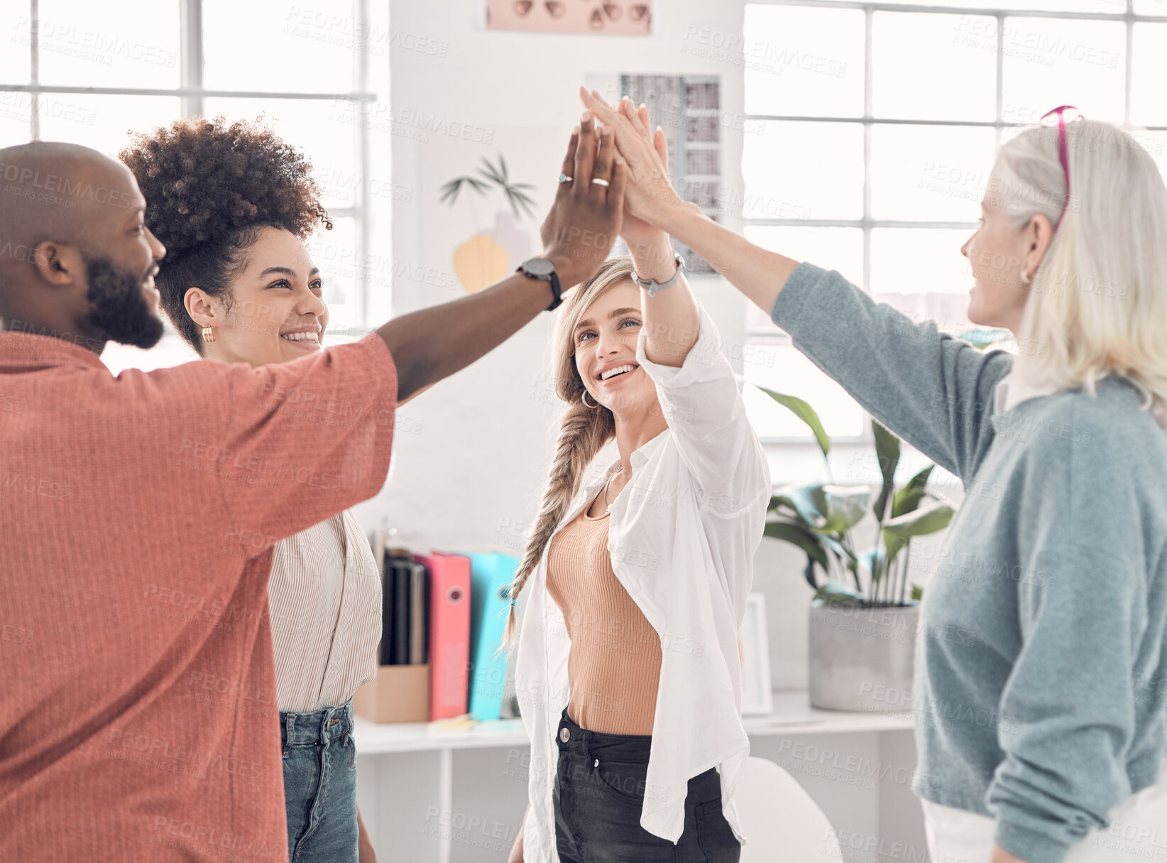 Buy stock photo Team work, high five and happiness, group of business people with strategy, support and collaboration at start up. Happy team, coworking and trust, hands together and employees working in cooperation