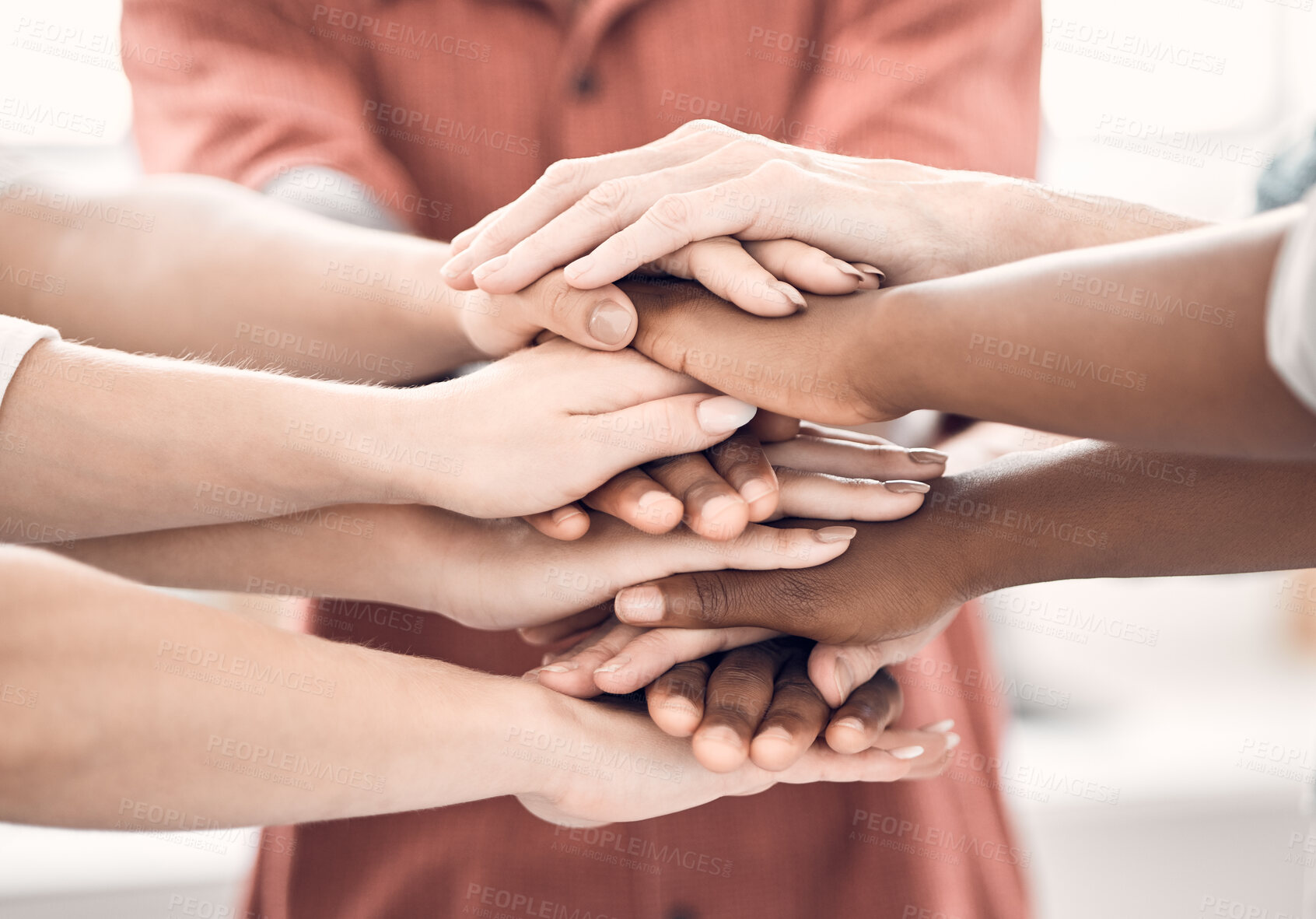 Buy stock photo Teamwork, stack and hands of business people together for support, trust and collaboration with employees. Team, coworking and hand huddle, group working with cooperation and diversity in integration