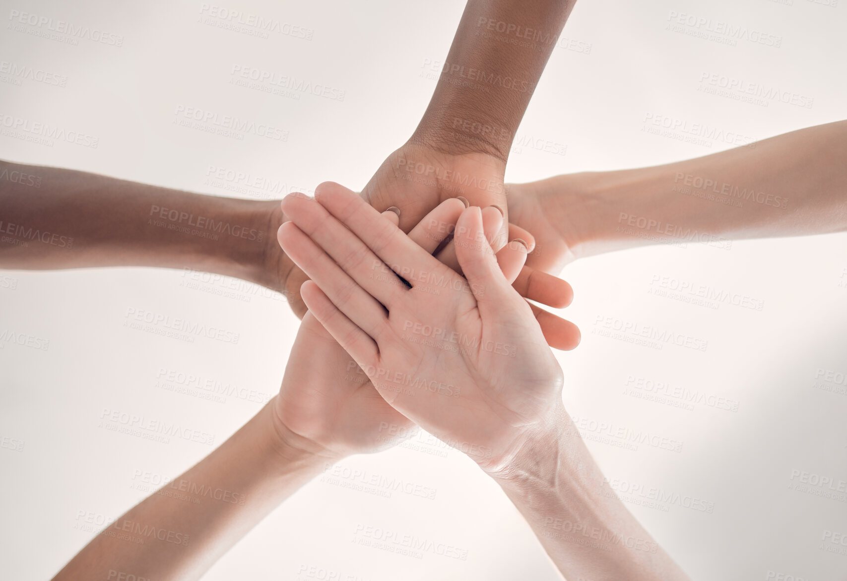 Buy stock photo Teamwork, hands and group of people together for support, strategy and collaboration with diversity. Team, trust and hand huddle with cooperation, men and woman in synergy, integration and solidarity