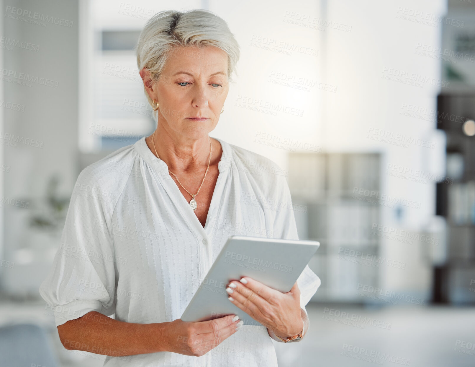 Buy stock photo Mature focused businesswoman holding and using a digital tablet alone at work. One caucasian female business professional using social media on a digital tablet in a office at work
