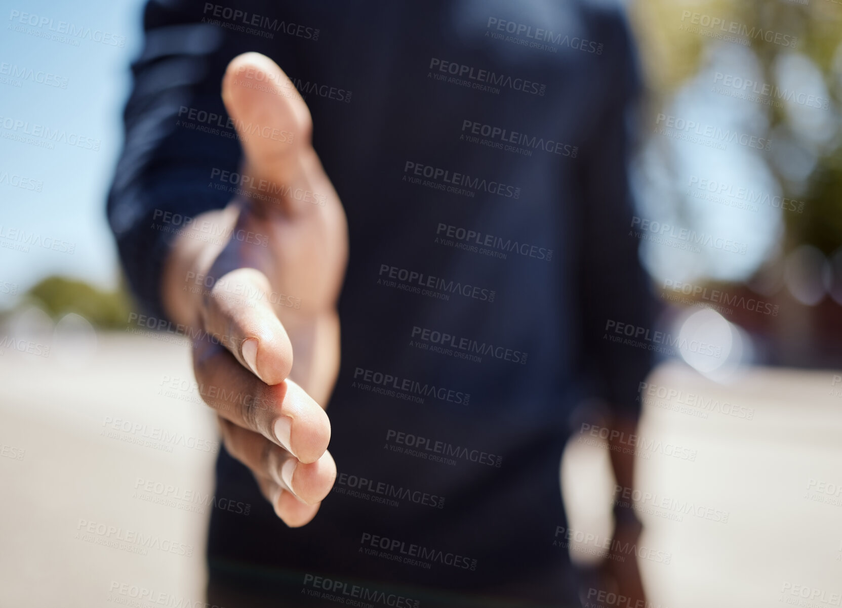 Buy stock photo Person, handshake and greeting for travel outdoor with introduction, partnership and hiring meeting. Employee, thank you and welcome with agreement, onboarding deal and opportunity for b2b recruiting